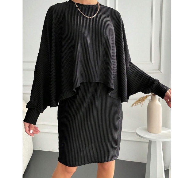 Classic Black Batwing Sleeve Top Ribbed Skirt Set - Picture 4 of 6